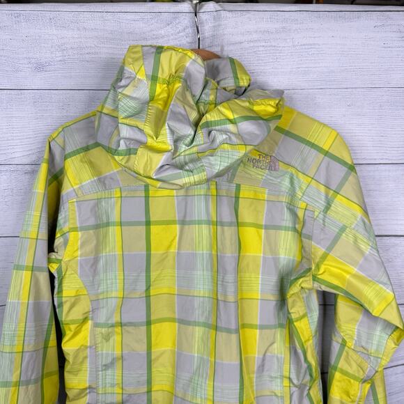 The North Face Girls 14/16 Large Hyvent Hooded Rain Jacket Yellow Plaid Check - Picture 6 of 13